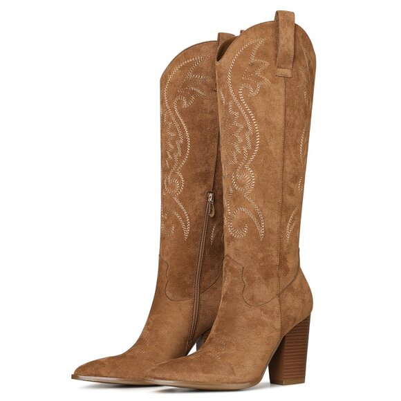 Knee High Cowboy Boots Pointed Toe Chunky High Heels Pull-on Embroidered - Picture 2 of 2